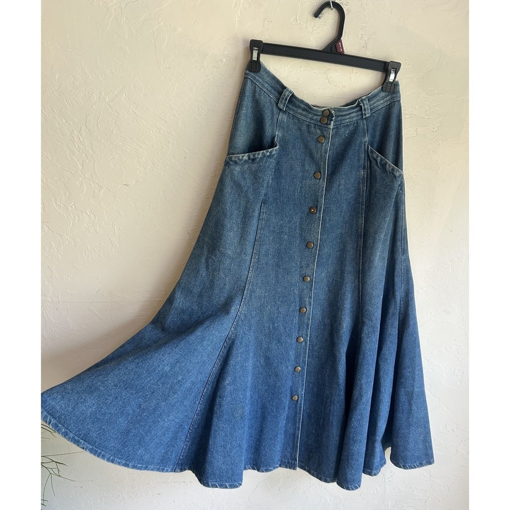 Vintage 80s 90s Westbound Denim Snap Maxi Skirt 10 A Line Flared Western Boho - Picture 3 of 11
